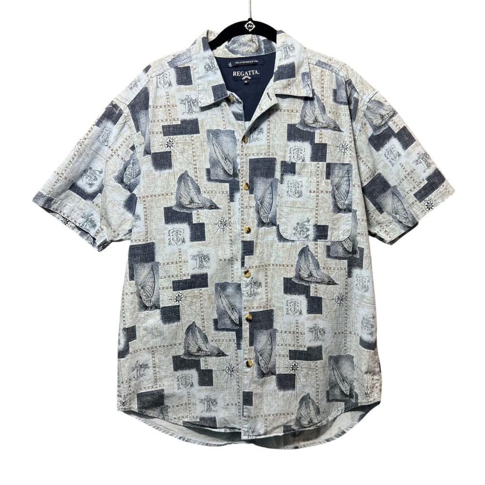 Vintage Regatta Sailboat Print Shirt Men‎ M 90s Nautical Button Up Short Sleeve